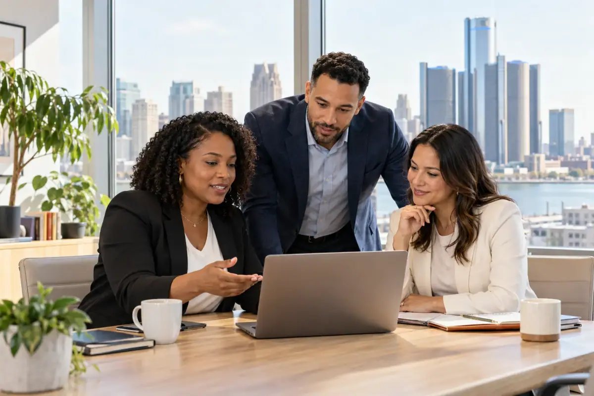 Three colleagues review work on a laptop in a bright office overlooking a downtown skyline.