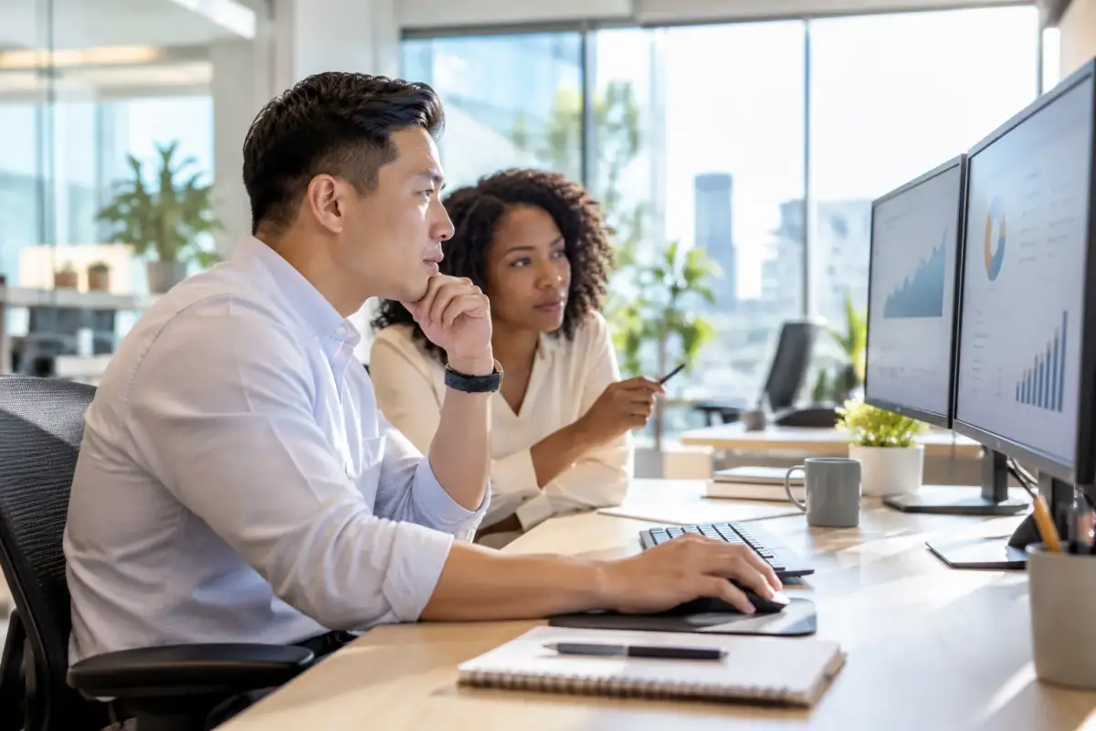 Two security analysts review activity on monitors in a daylight office.