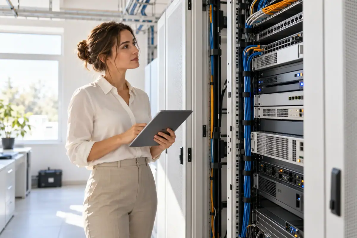 An engineer with a tablet inspects a server and network cabinet.