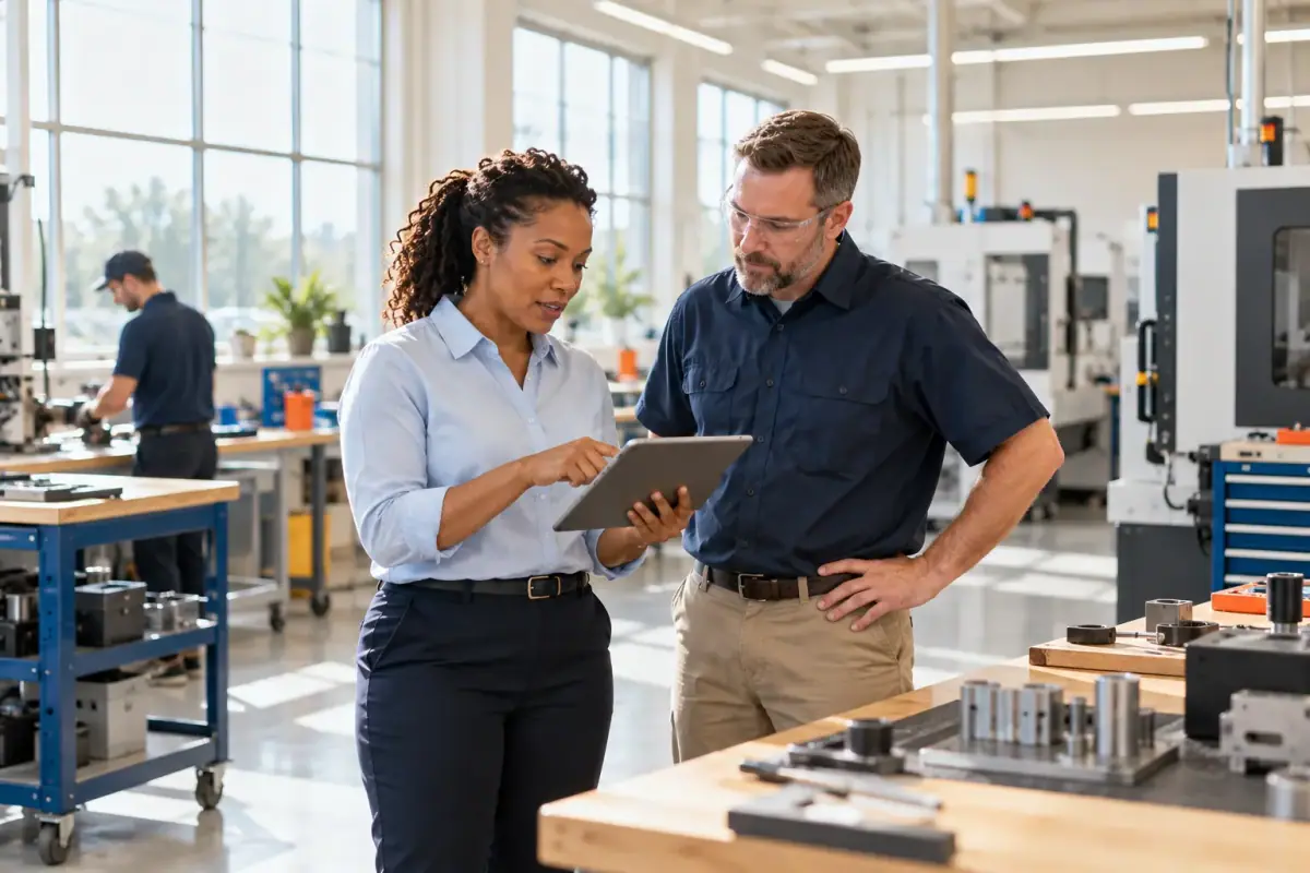 An operations owner and an engineer review a tablet in a light manufacturing workshop.
