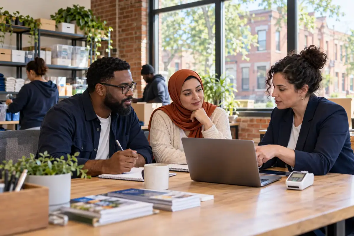 Nonprofit staff plan program work on a laptop in a community workspace.