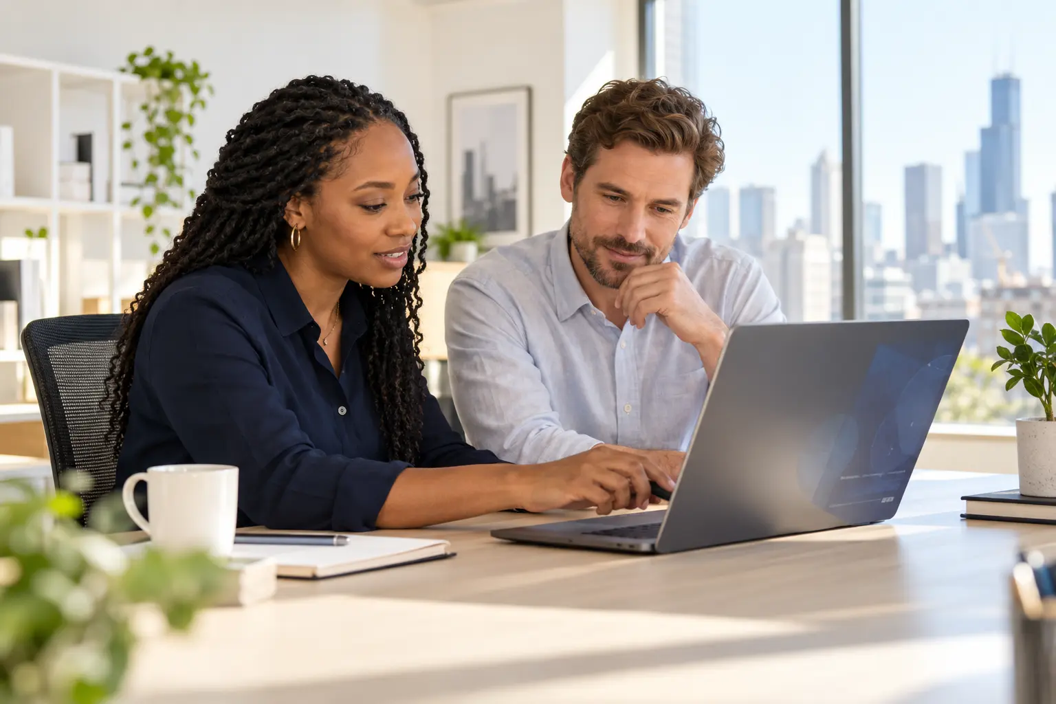 Illustrative colleagues resolving a workplace technology issue