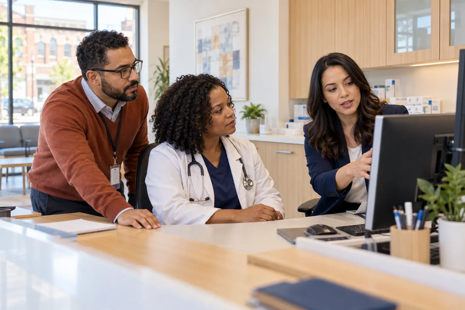 Illustrative scene: Clinic staff reviewing technology at a Detroit-inspired medical reception