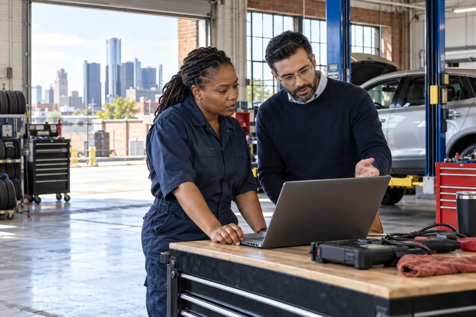 Illustrative scene: Garage owner and technology adviser reviewing a laptop in a Detroit-inspired auto repair workshop
