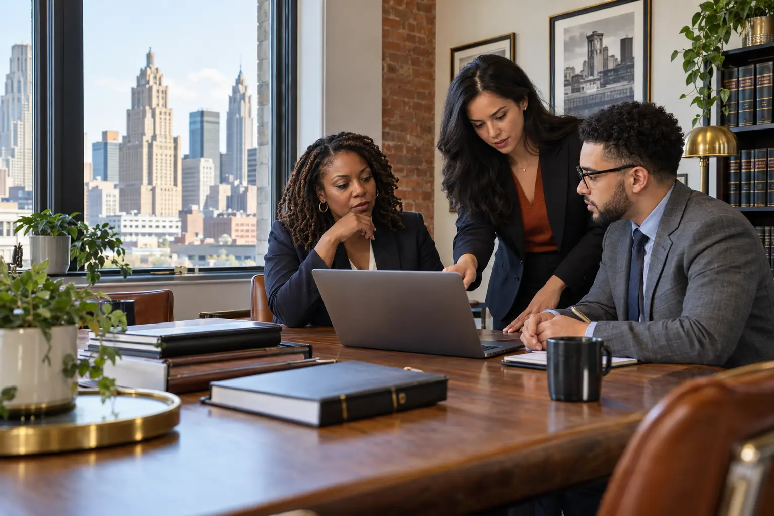 Illustrative scene: Attorneys and a technology adviser reviewing a laptop in a Detroit-inspired law office